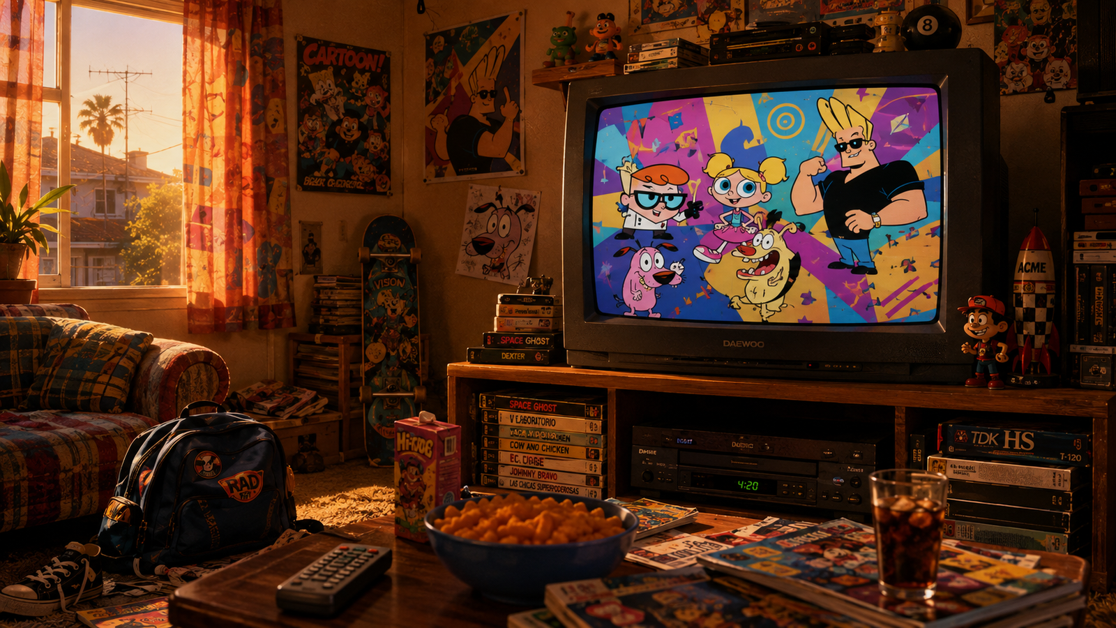 Sala de los años 90 con televisión CRT mostrando caricaturas después de la escuela