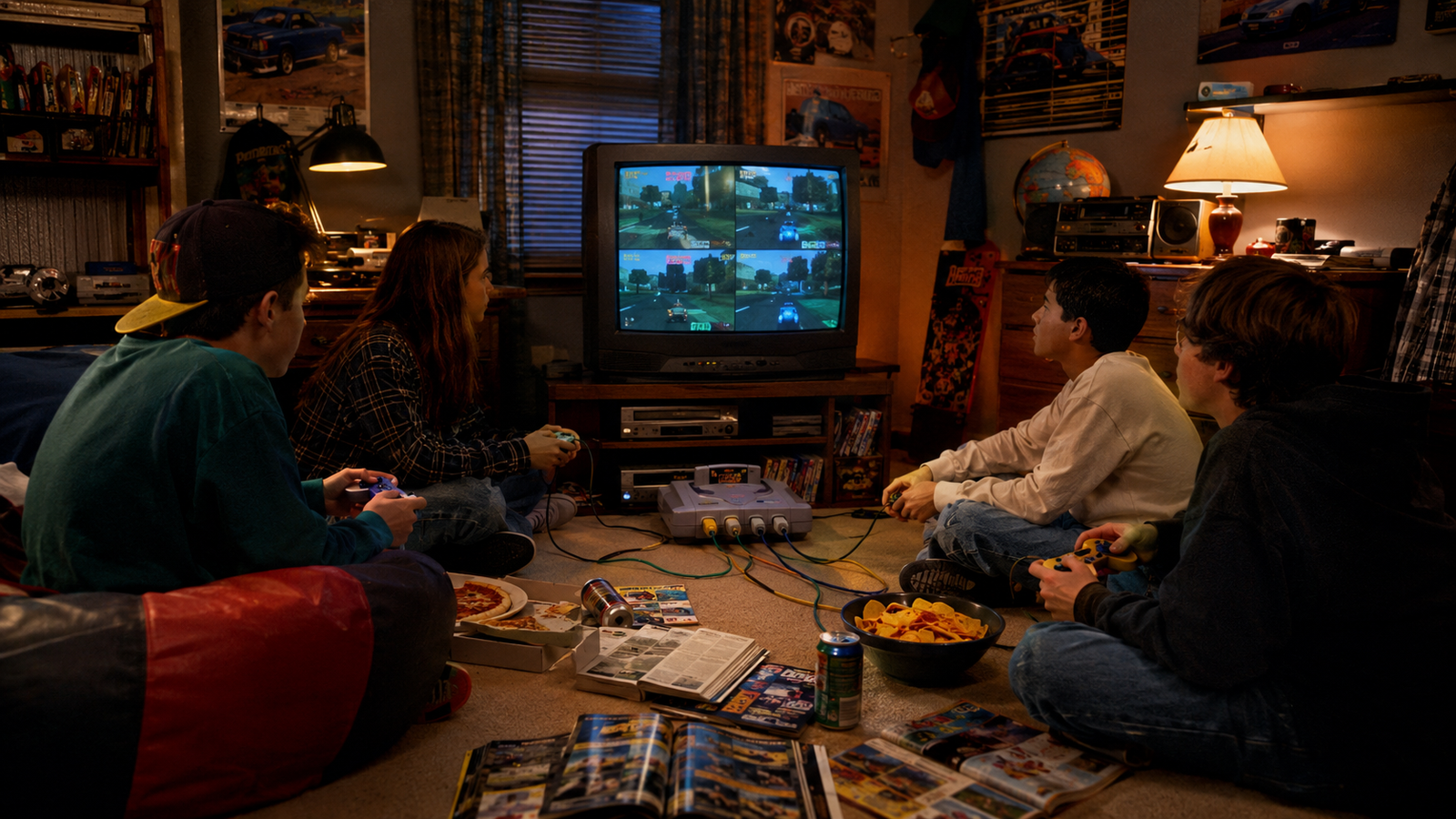 Amigos jugando una consola de 64 bits en una televisión CRT durante una noche de videojuegos en los años 90