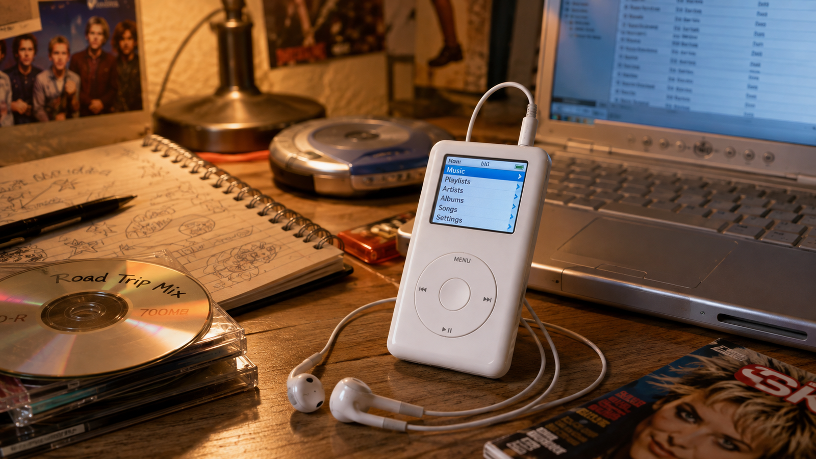 Reproductor de música estilo iPod con audífonos blancos sobre un escritorio con CDs y laptop de los 2000