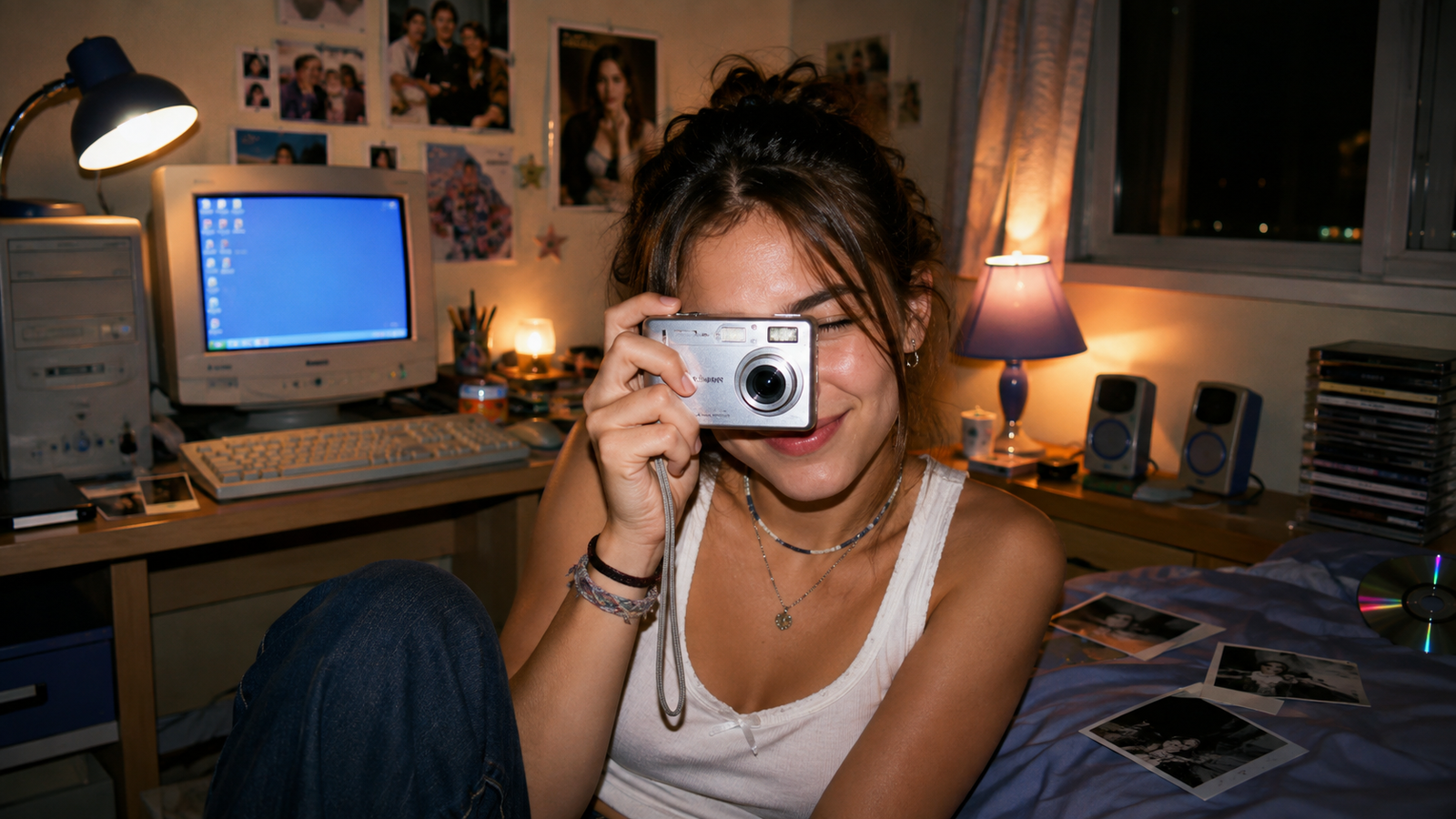 Joven usando una cámara digital compacta en un dormitorio durante los años 2000