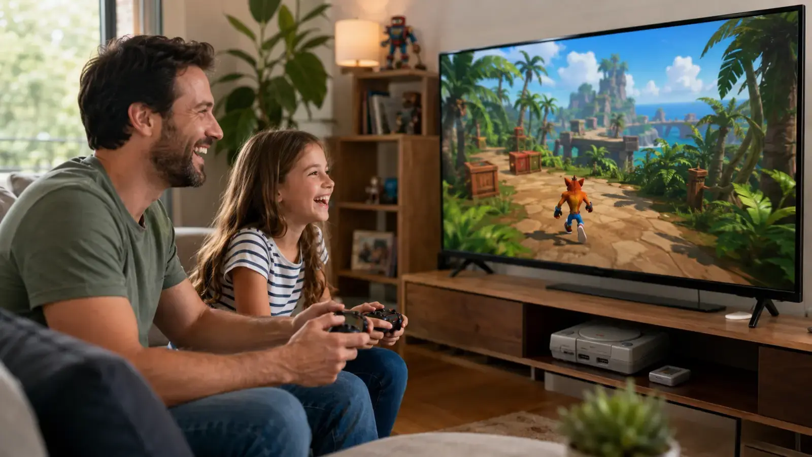 Padre e hija jugando un plataformas moderno junto a una consola de los años 90 exhibida bajo el televisor.