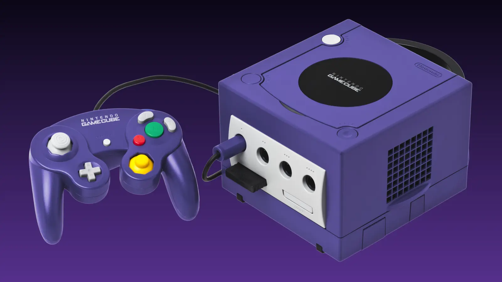An indigo Nintendo GameCube console with a controller and memory card