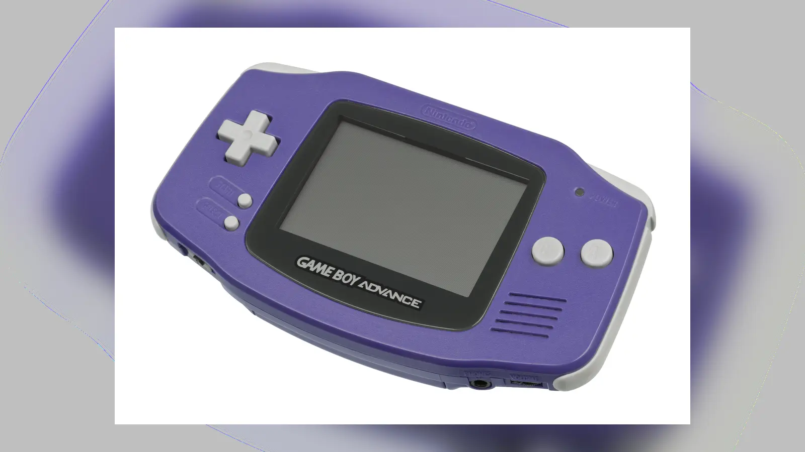 An indigo Game Boy Advance viewed from the front