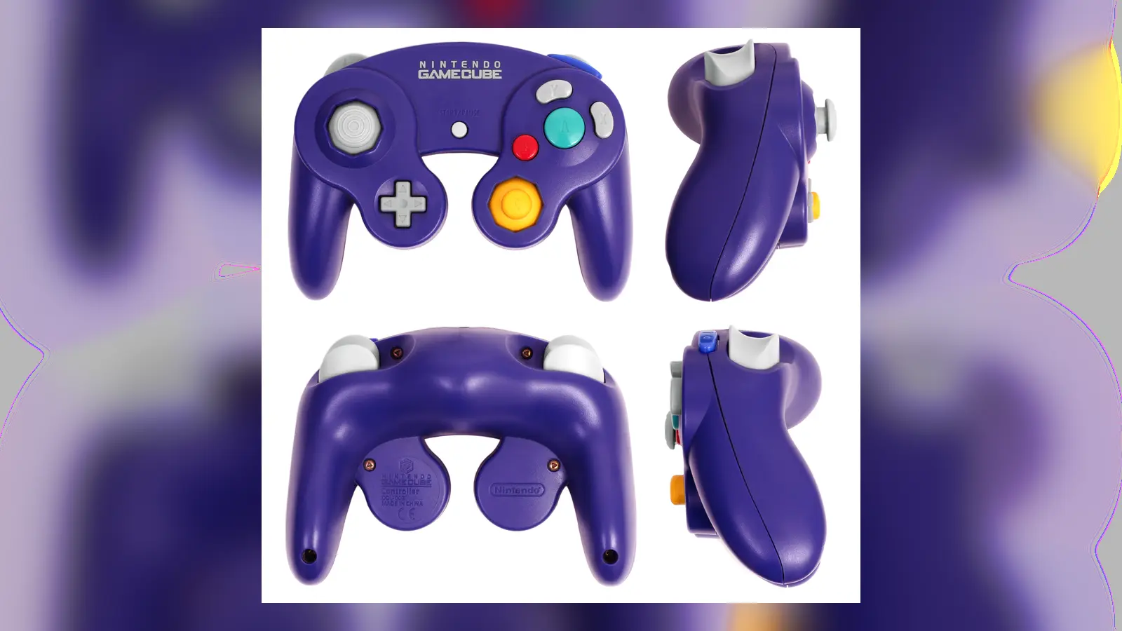 An indigo GameCube controller shown from four angles