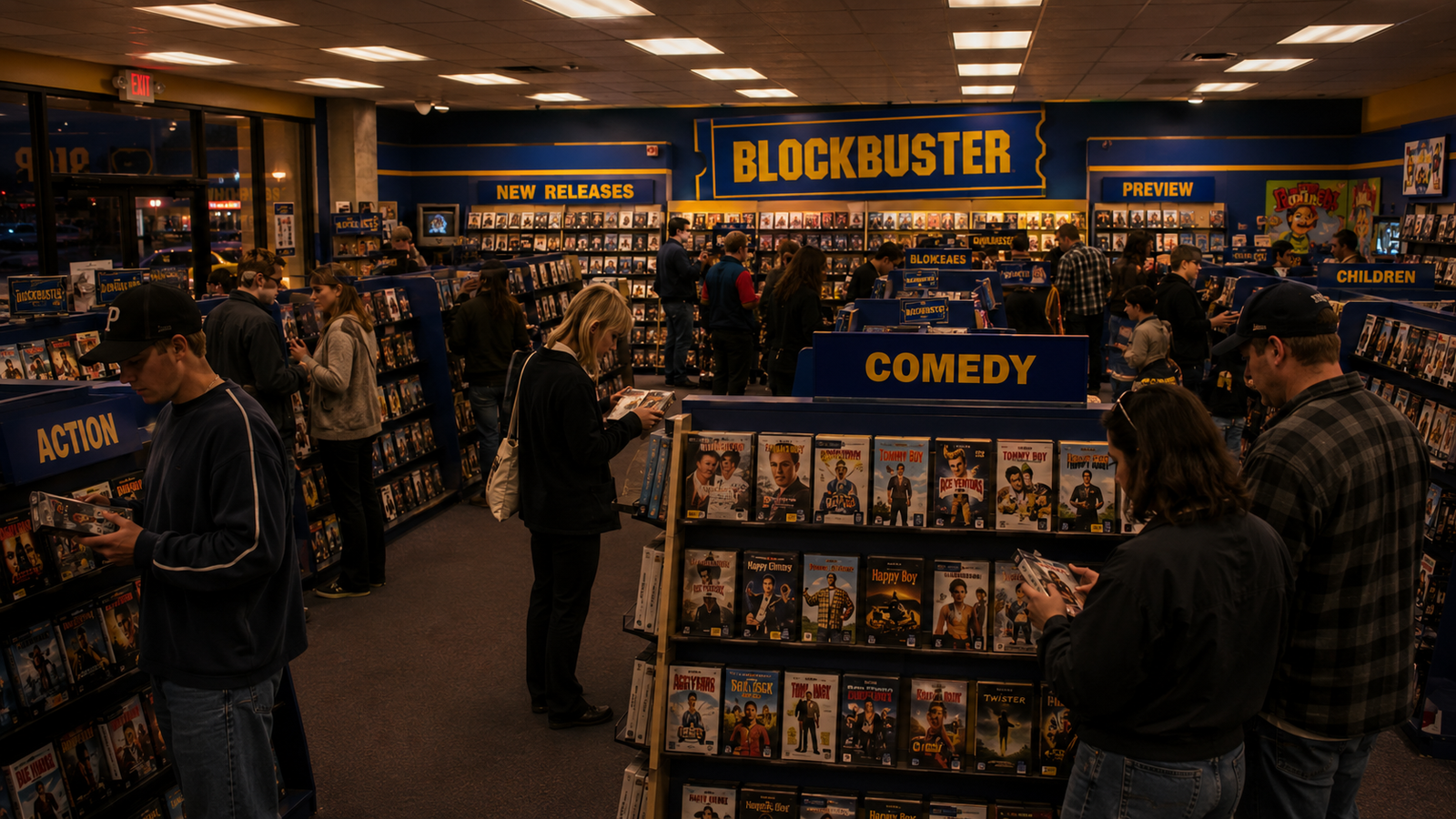 Illustration of customers browsing blue and yellow video-rental aisles