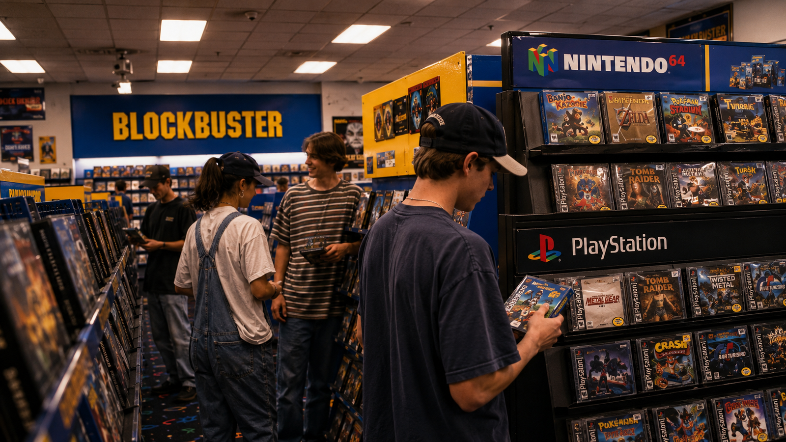 Illustration of a customer browsing Nintendo 64 and PlayStation rentals