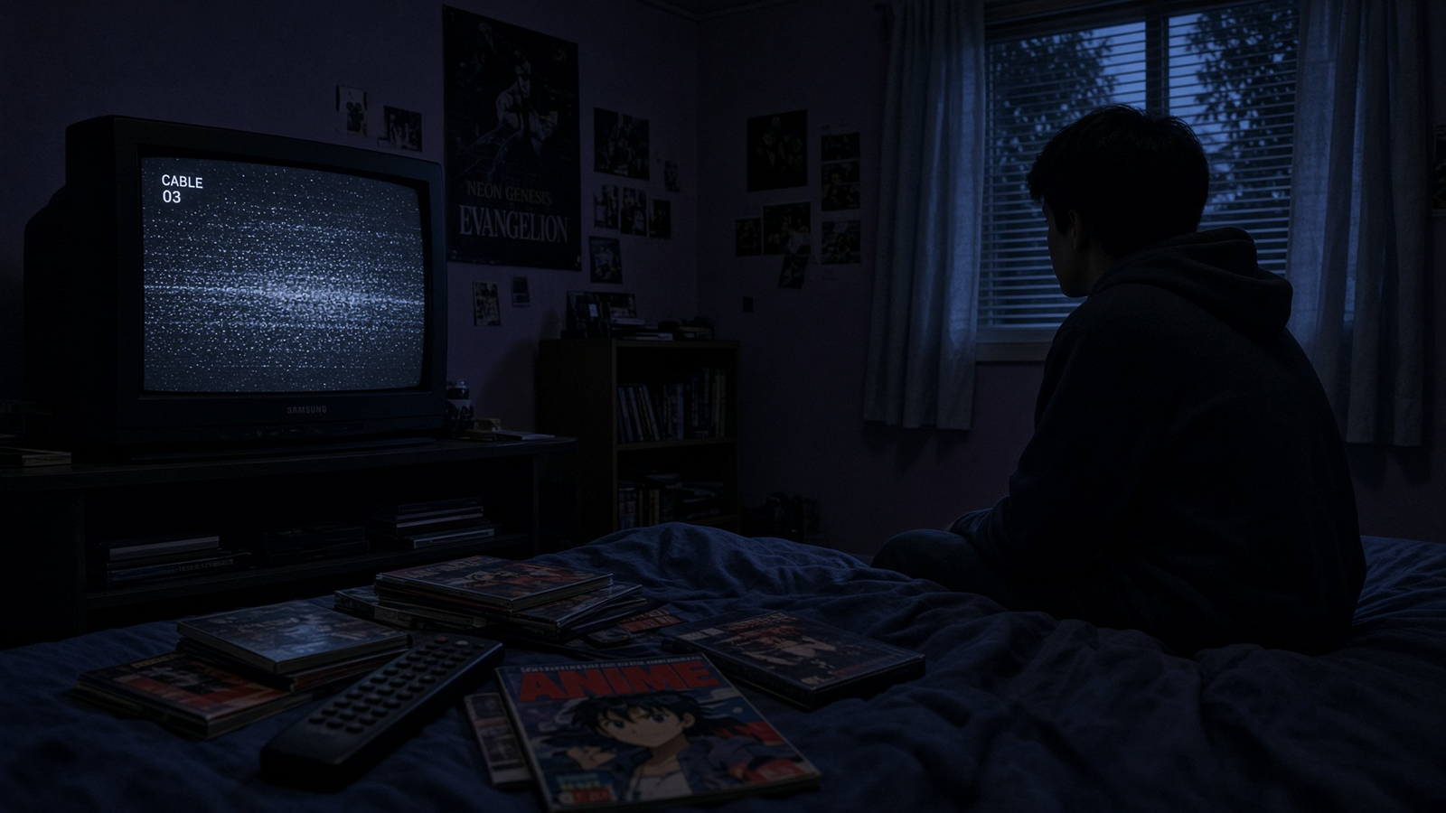 Illustration of a viewer sitting beside a CRT television displaying static in a dark bedroom