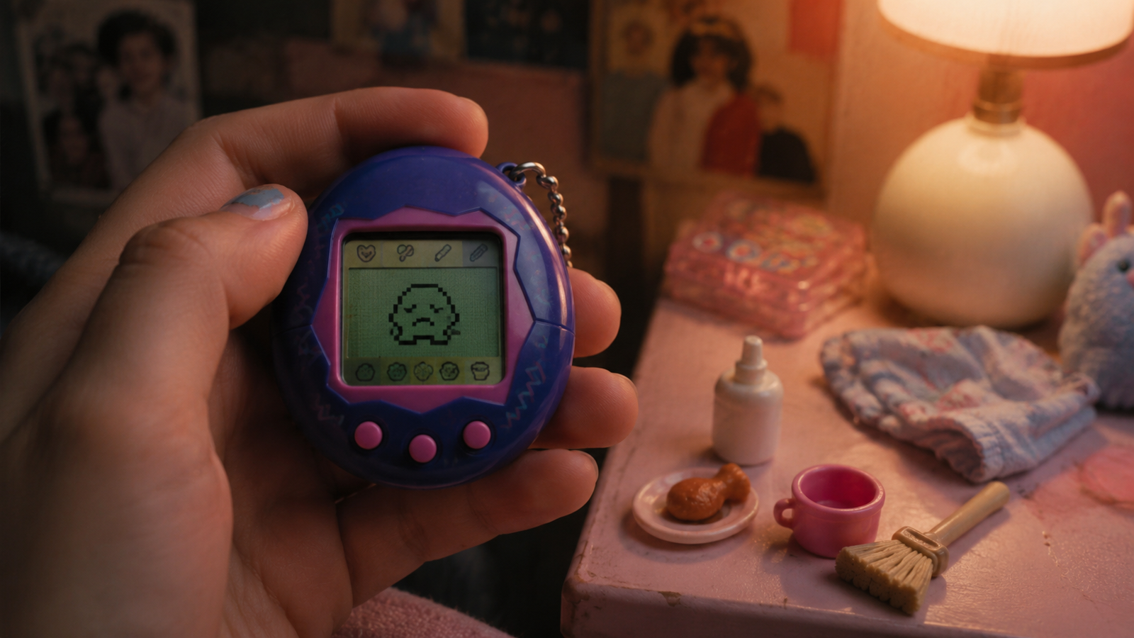 Illustration of a hand holding a purple virtual-pet toy with a small pixel creature on its screen