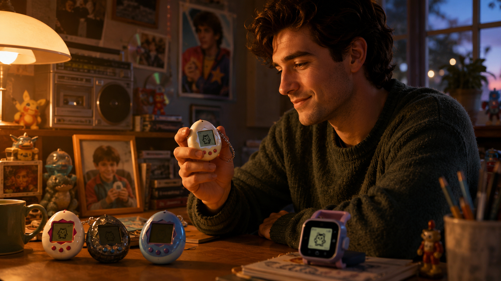 Illustration of an adult revisiting a virtual pet beside a small collection of electronic toys