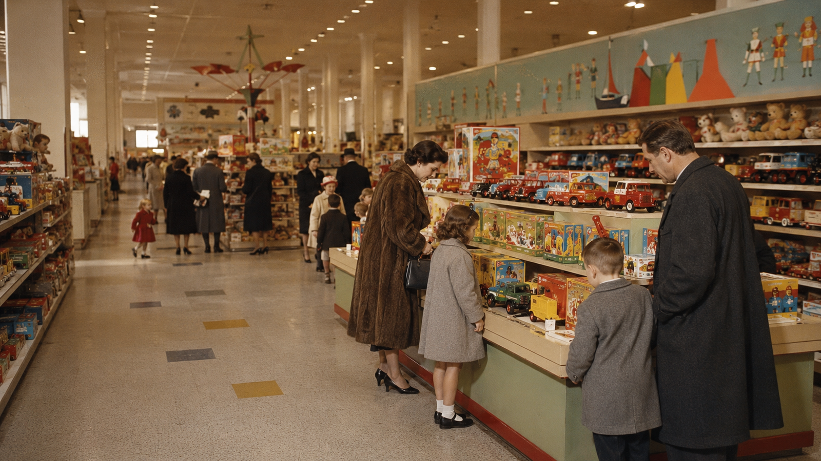 Illustration of families browsing toy cars and dolls in a mid-century toy shop