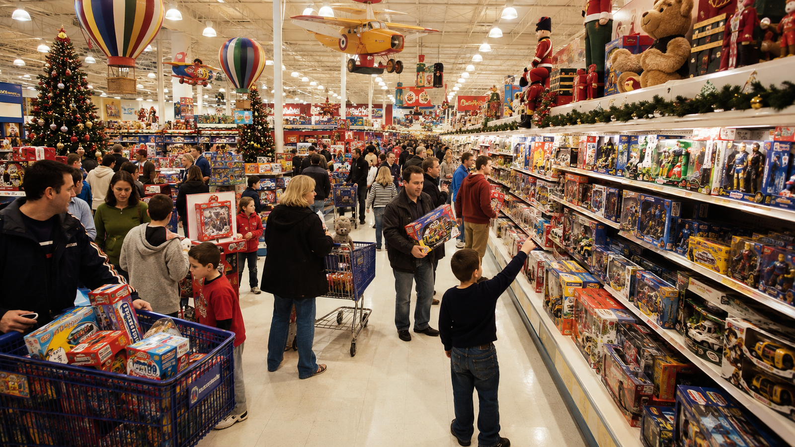 Illustration of families browsing crowded toy aisles under Christmas decorations