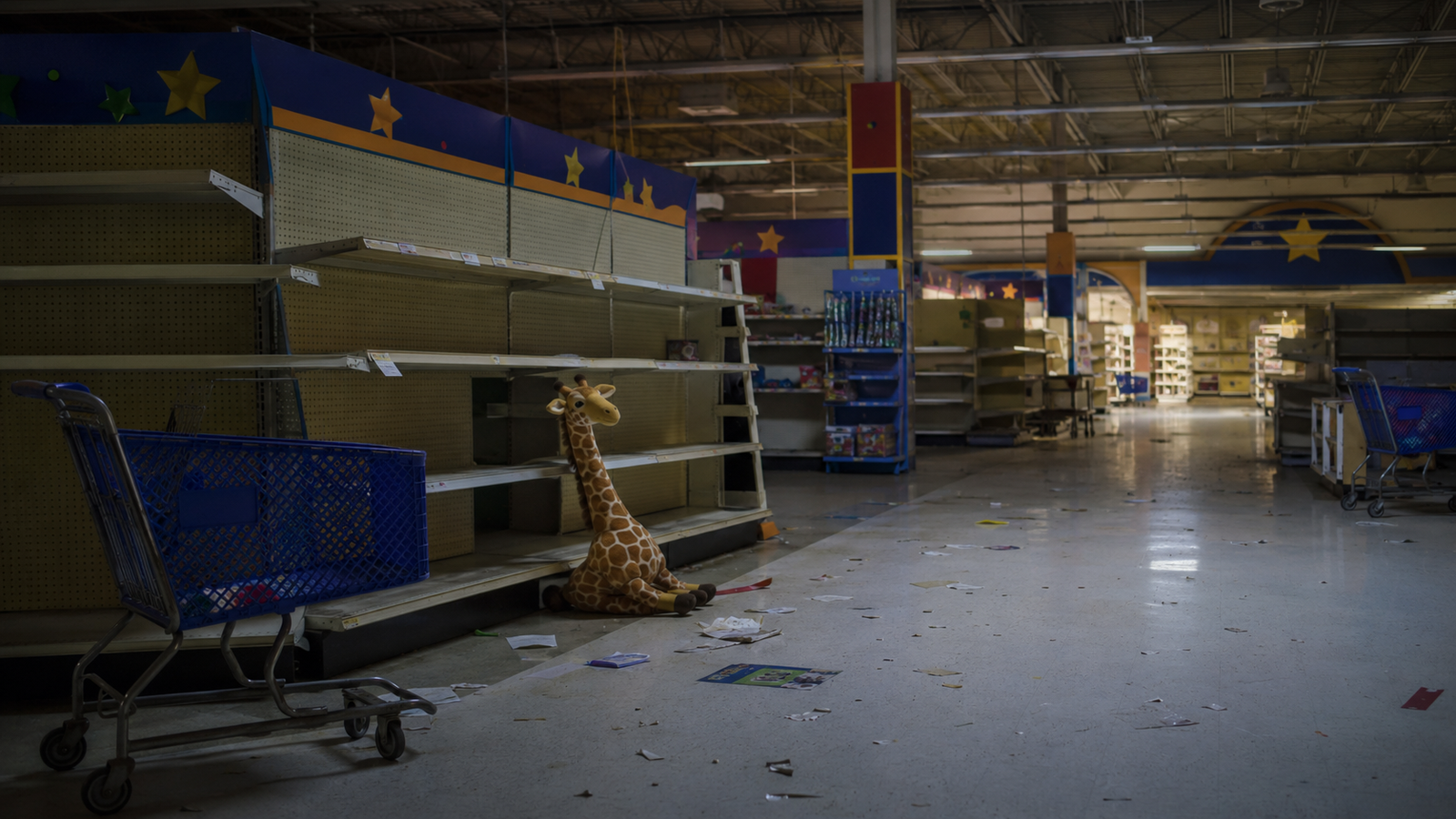 Illustration of empty toy-store shelving, a shopping cart and a plush giraffe