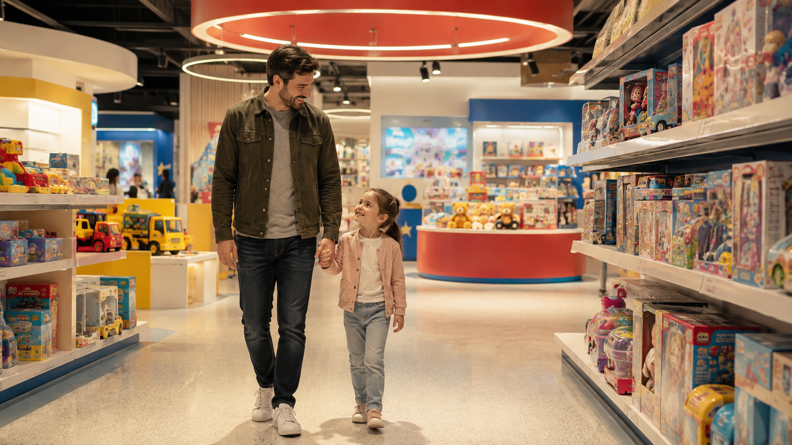 Illustration of a parent and child browsing a bright contemporary toy shop