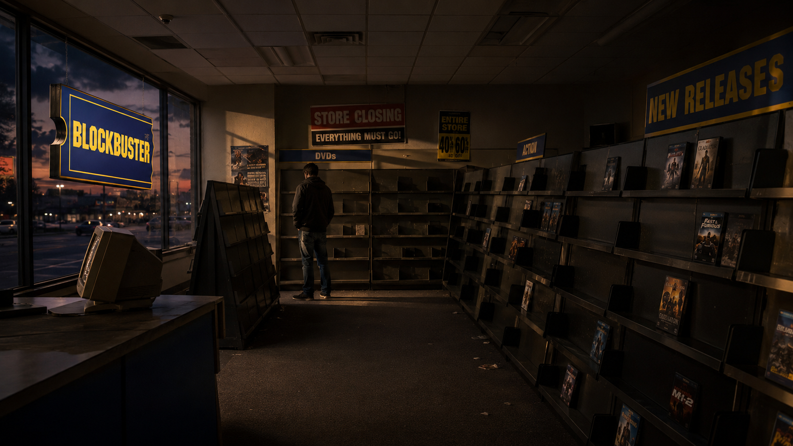 Illustration of a nearly empty rental store at closing time