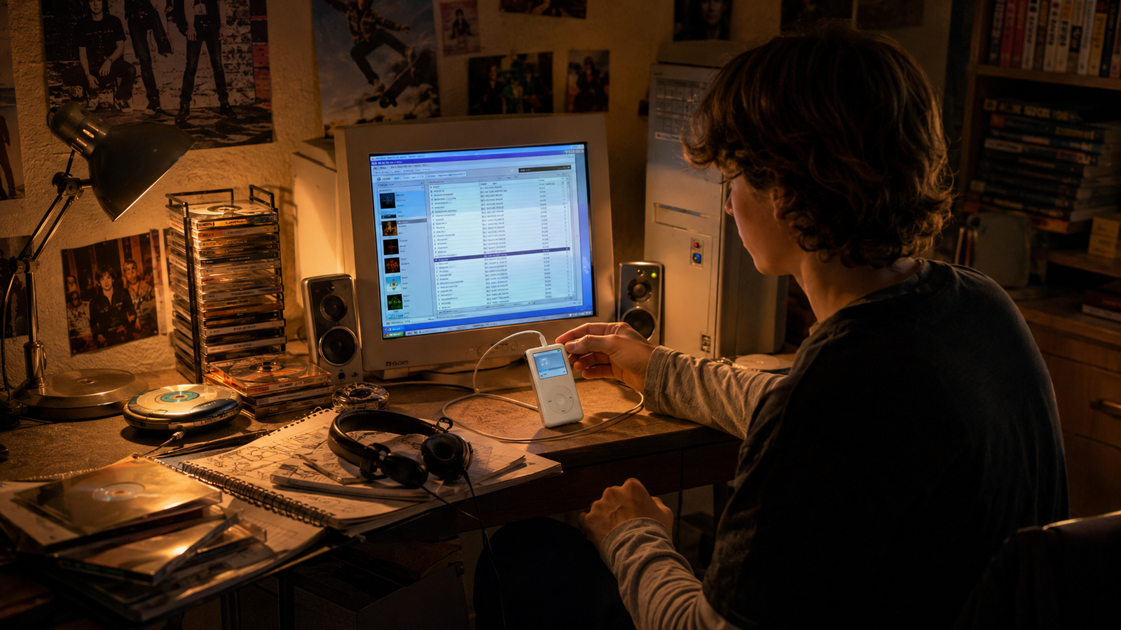 Illustration of a listener organizing a music library on a desktop computer beside a portable music player