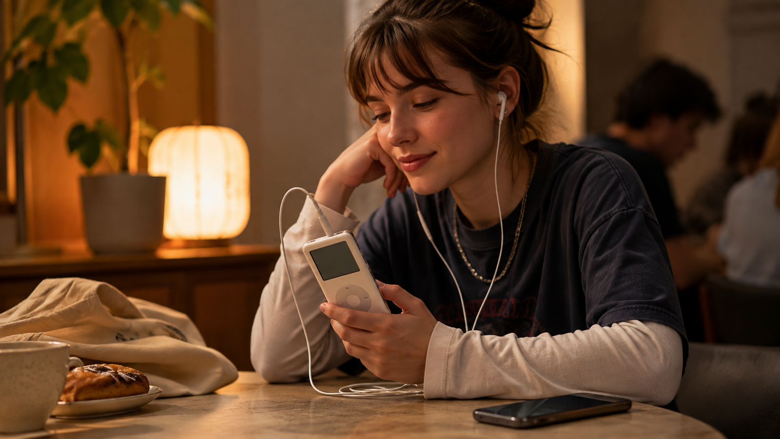 Illustration of a person listening to a portable music player while a smartphone rests on the table