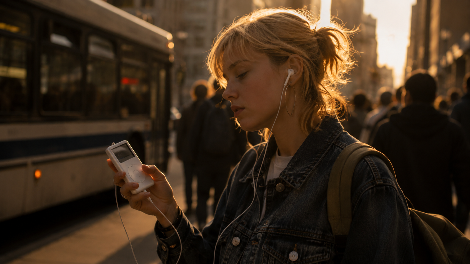 Illustration of a commuter using wired earphones and a small portable music player near a bus