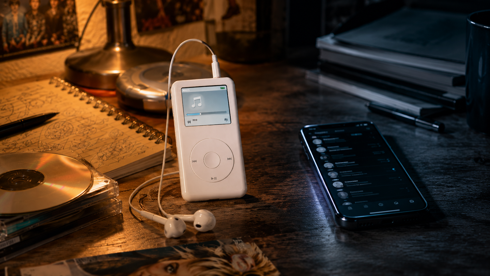 Illustration comparing a portable music player beside CDs with a smartphone displaying a message list