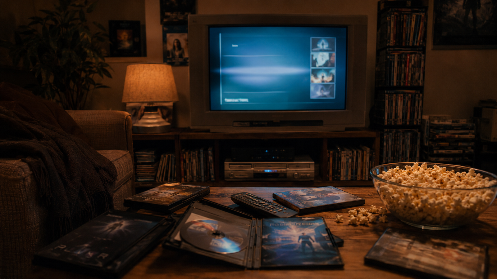 Illustration of a DVD menu glowing on a television beside popcorn and movie cases