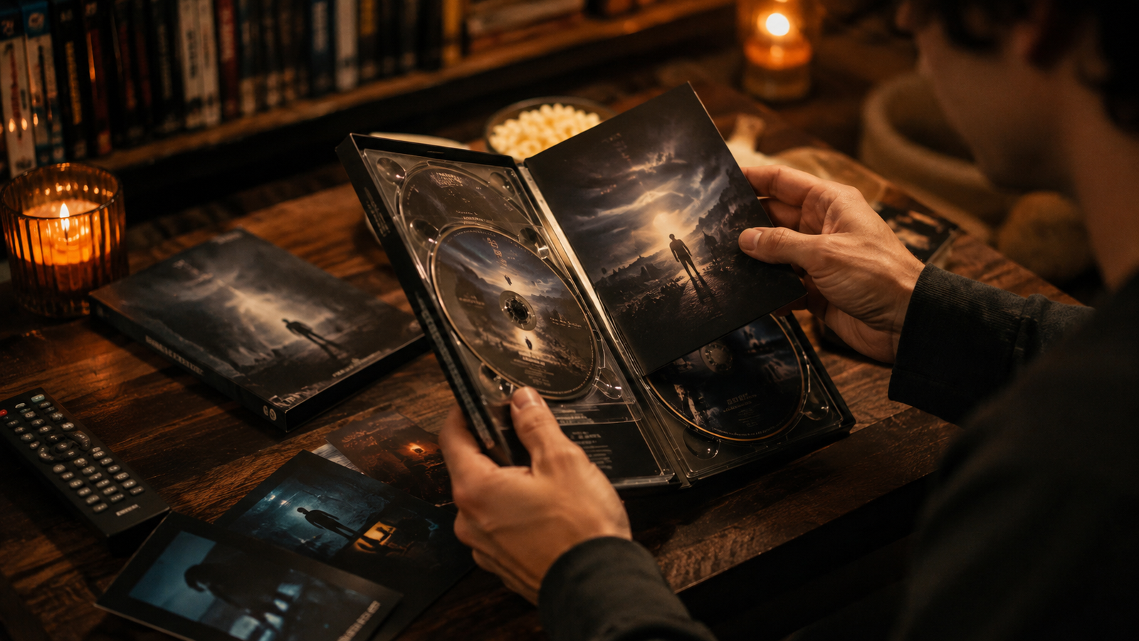 Illustration of hands opening a two-disc movie edition with a printed booklet