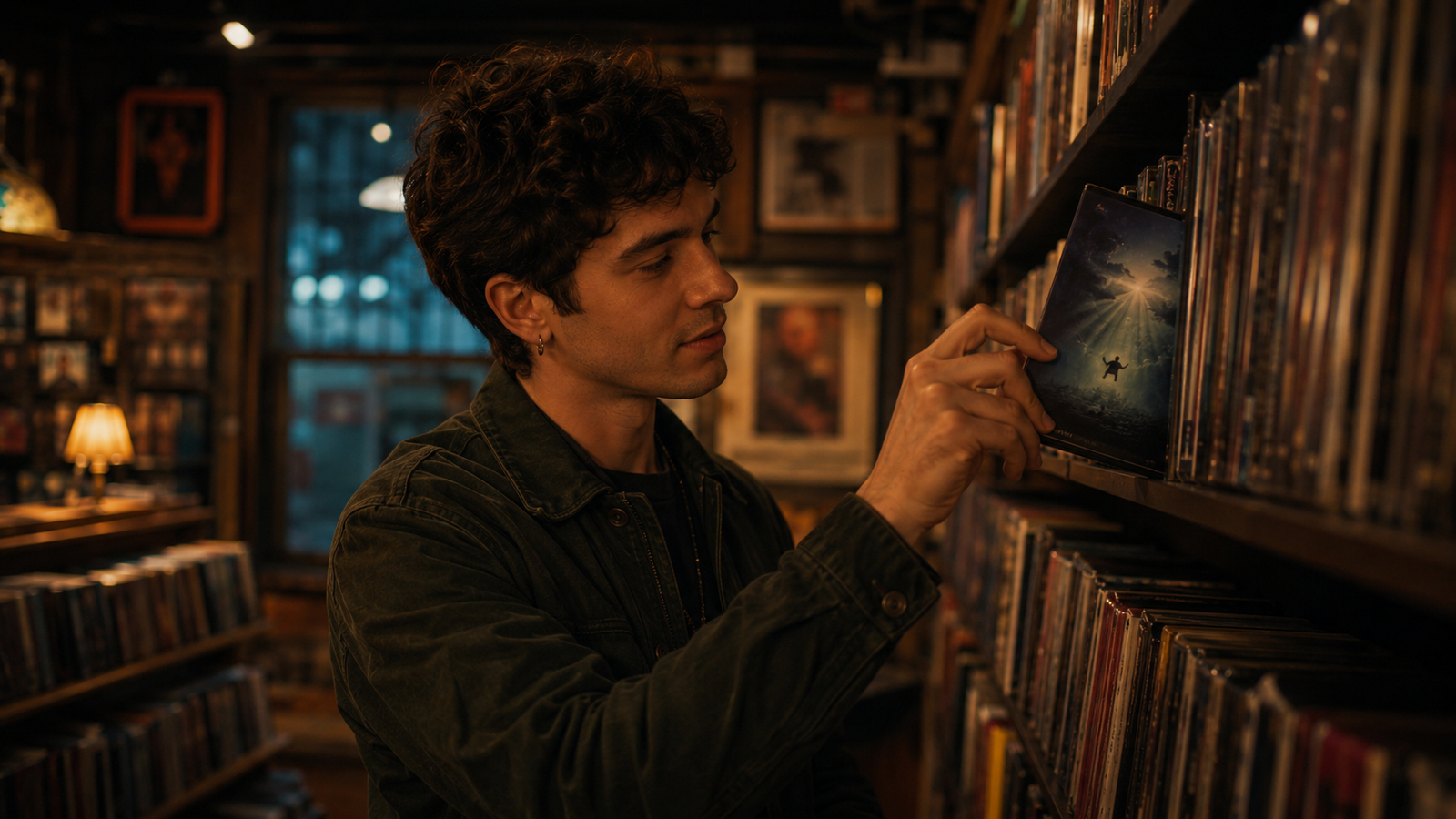 Illustration of a movie fan browsing shelves of discs in a neighborhood video store