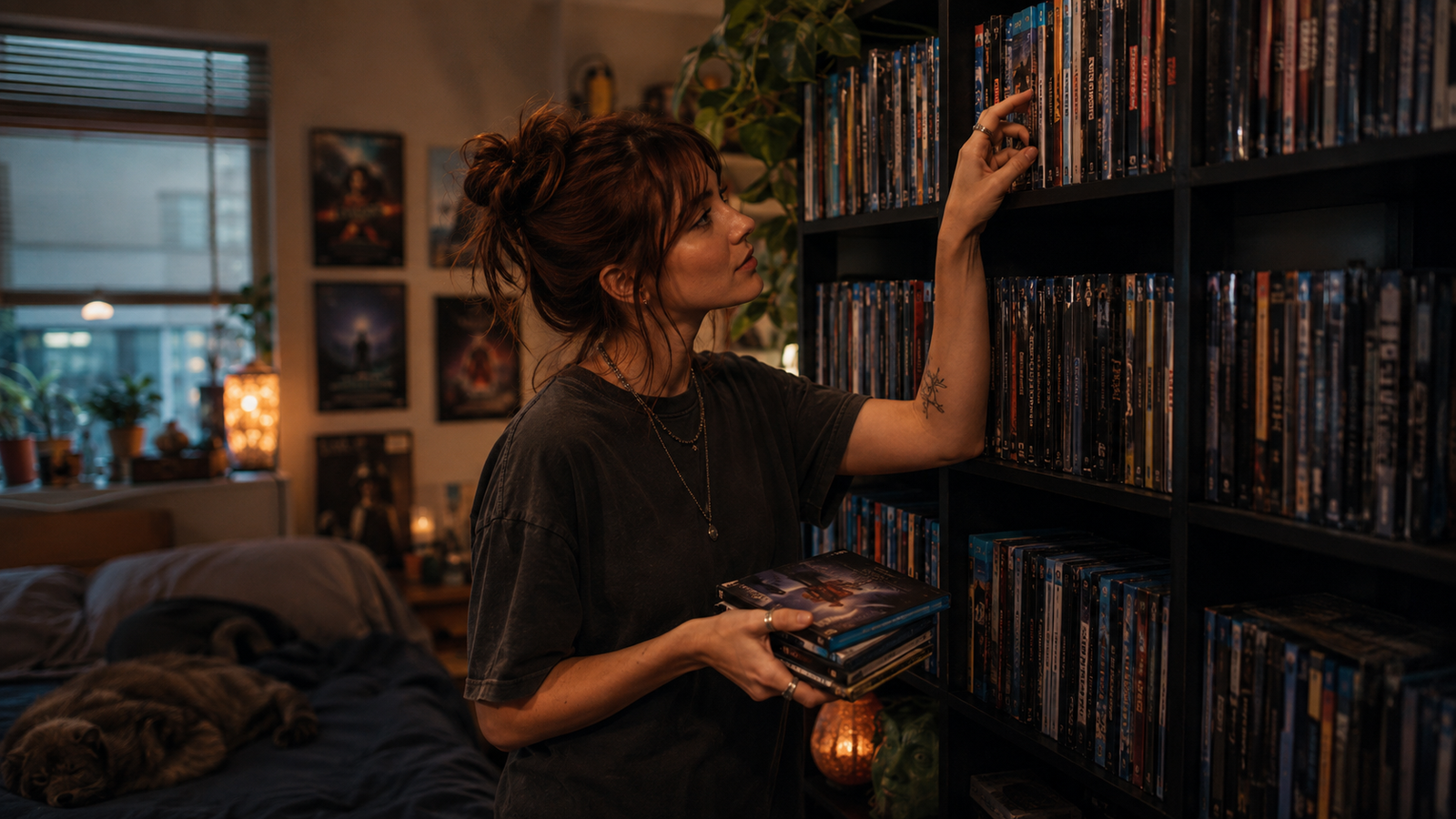 Illustration of a collector arranging DVD cases on shelves at home