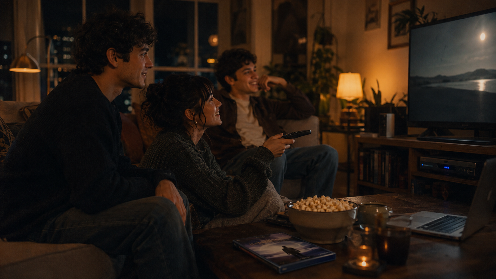 Illustration of friends sharing a movie night beside a DVD player and television