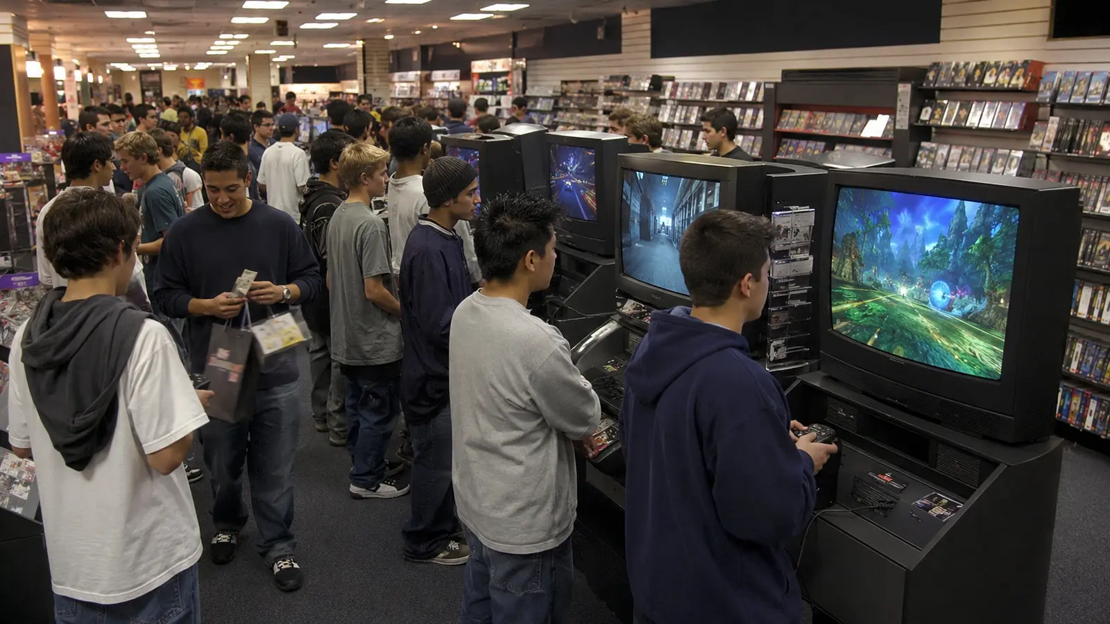 Jóvenes prueban videojuegos en varias estaciones con televisores CRT dentro de una tienda de 2001.