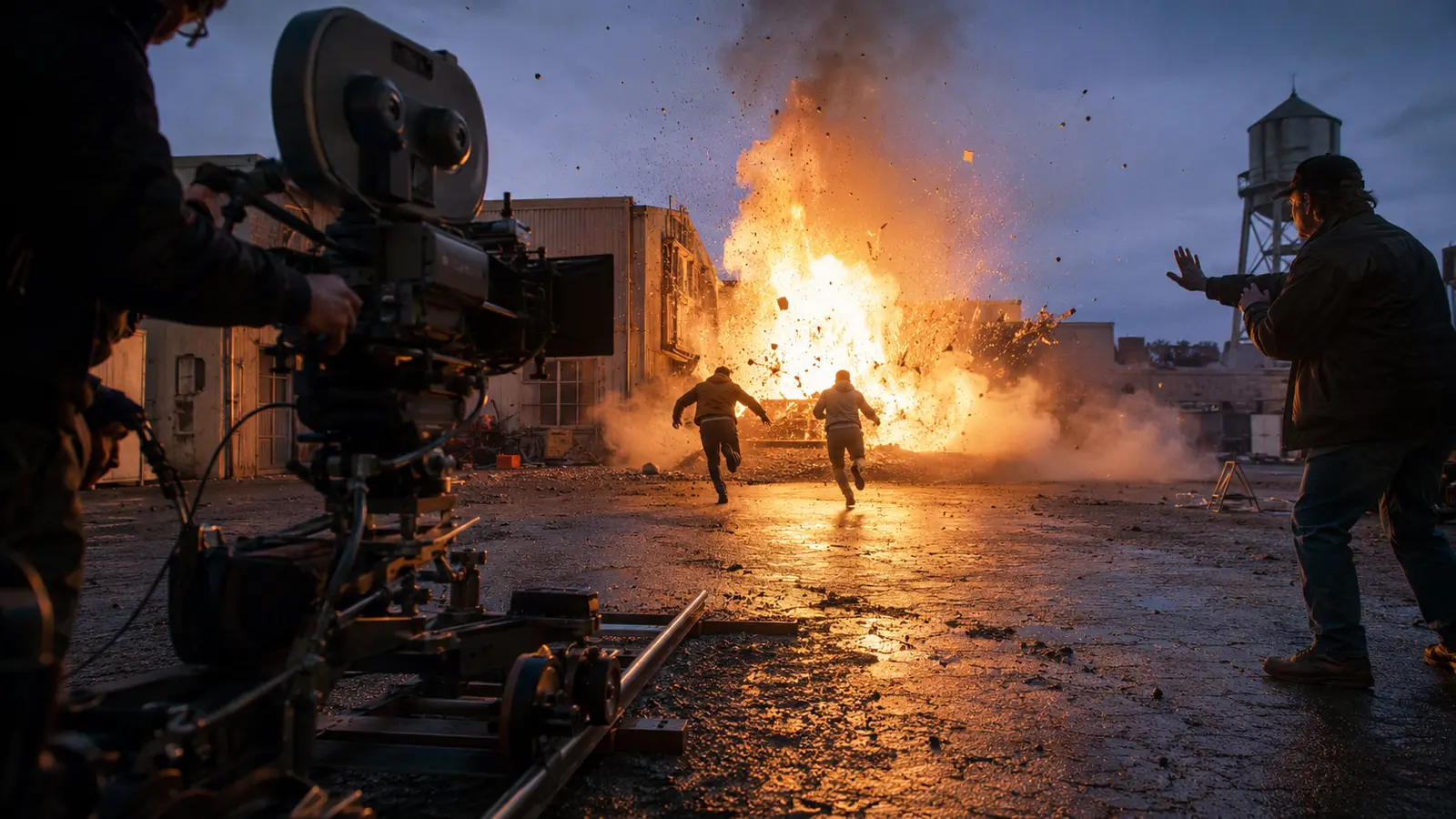 Equipo de cine filma a dos especialistas frente a una explosión controlada al atardecer.