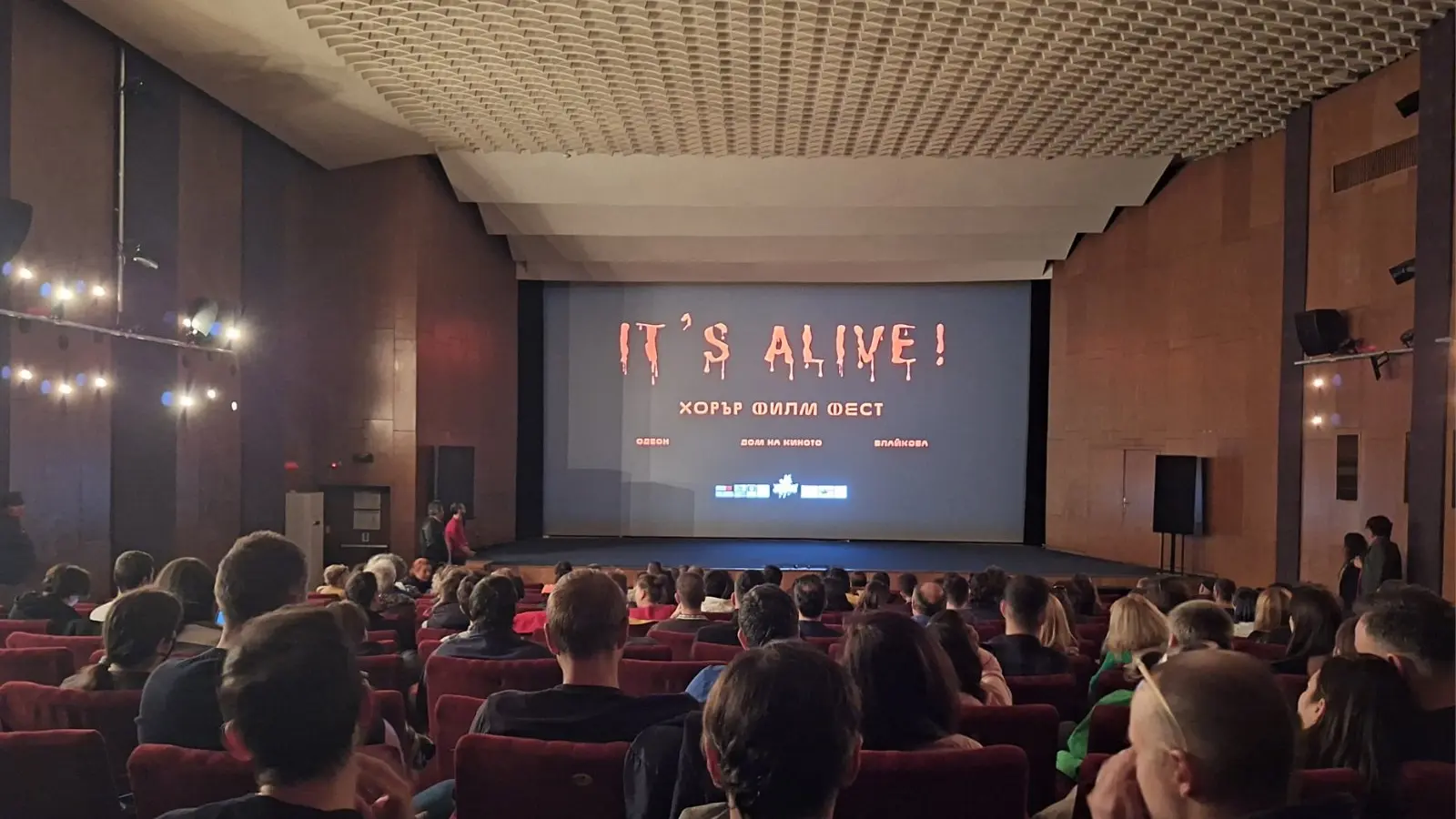 Público sentado frente a la pantalla antes de una función de cine