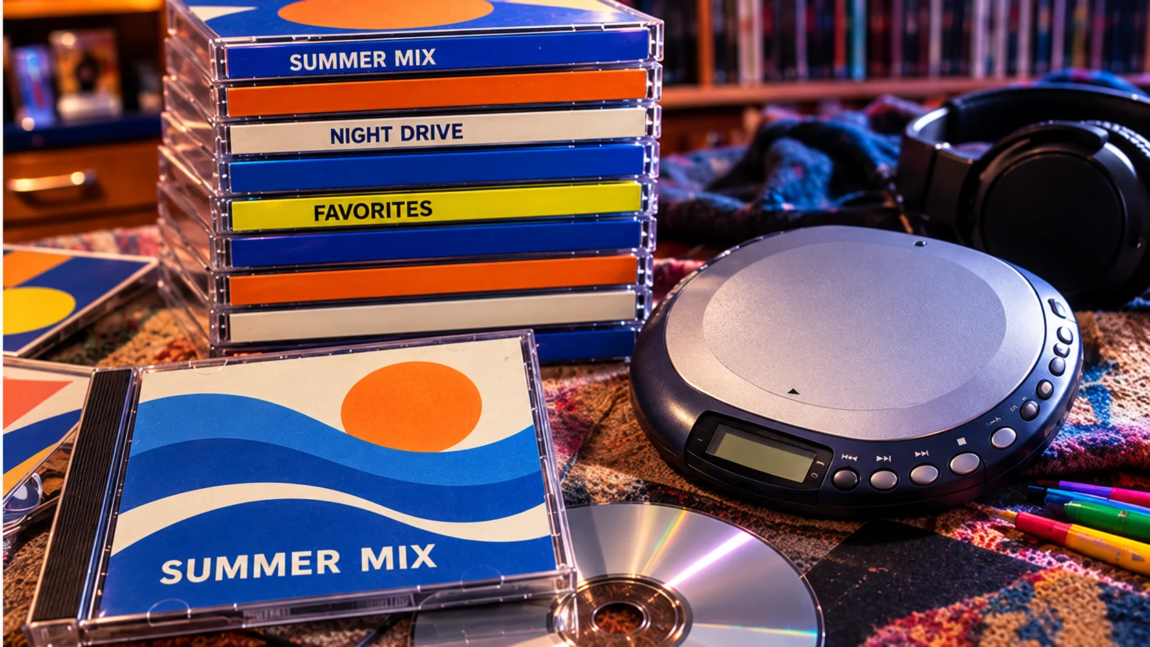 Illustration of a portable CD player and a colorful stack of compilation discs