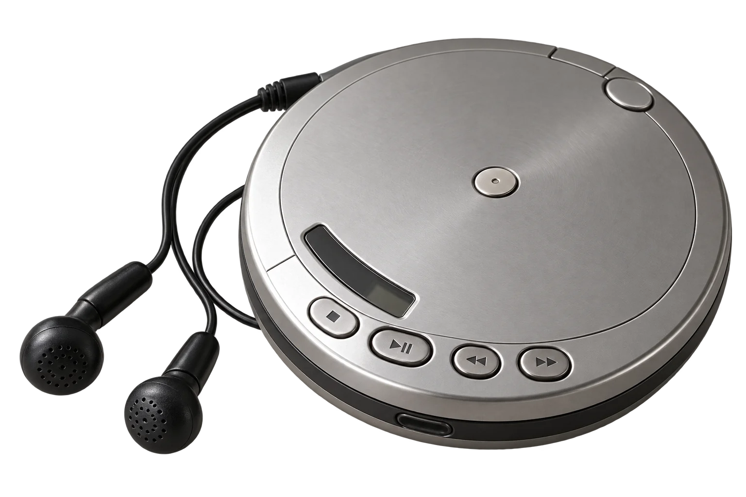 Illustration of a silver portable CD player with wired earbuds