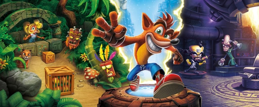 Crash Bandicoot leaps forward between jungle ruins and a laboratory in N. Sane Trilogy promotional artwork