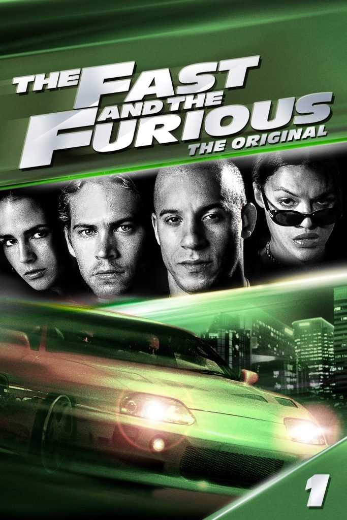 Official artwork for the original Fast and the Furious with the main cast above a green modified car
