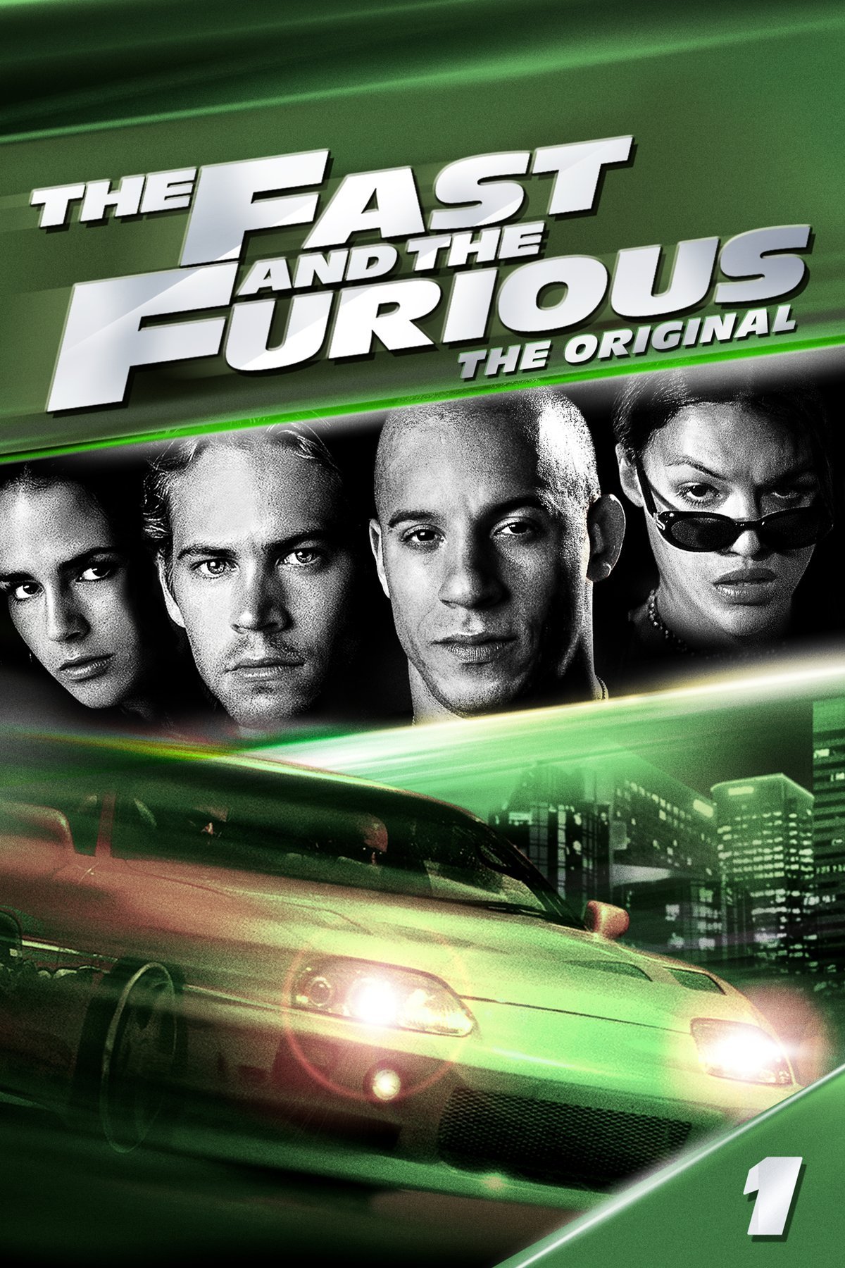 Official artwork for the original Fast and the Furious with the main cast above a green modified car