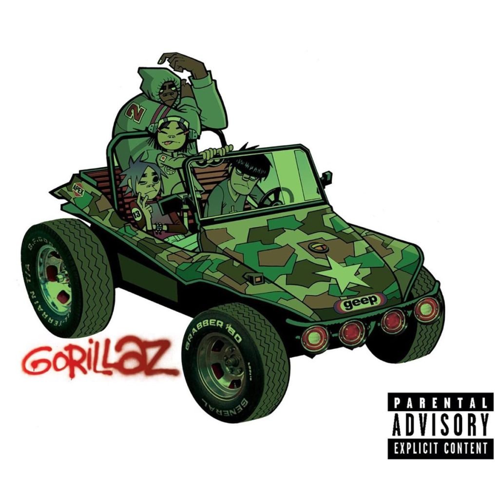 Gorillaz’s illustrated band riding a green vehicle on the cover of their 2001 debut album