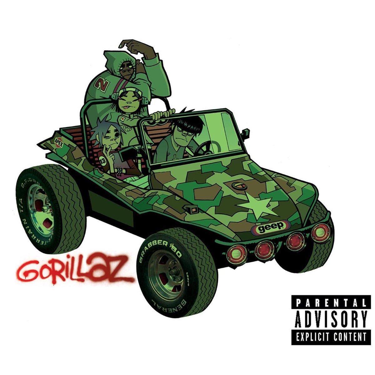 Gorillaz’s illustrated band riding a green vehicle on the cover of their 2001 debut album