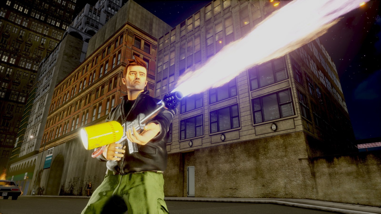 Claude firing a flamethrower on a Liberty City street in GTA III: The Definitive Edition