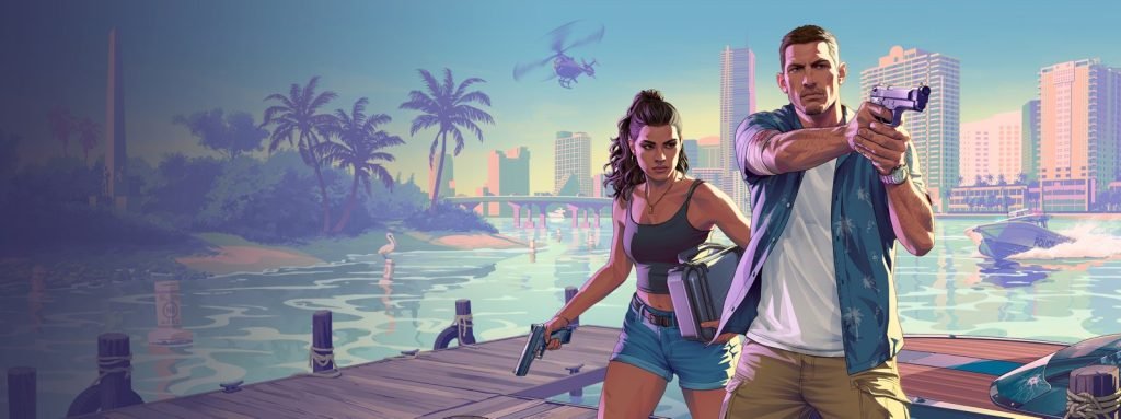 Official Grand Theft Auto VI artwork showing Lucia and Jason on a waterfront dock against the Vice City skyline