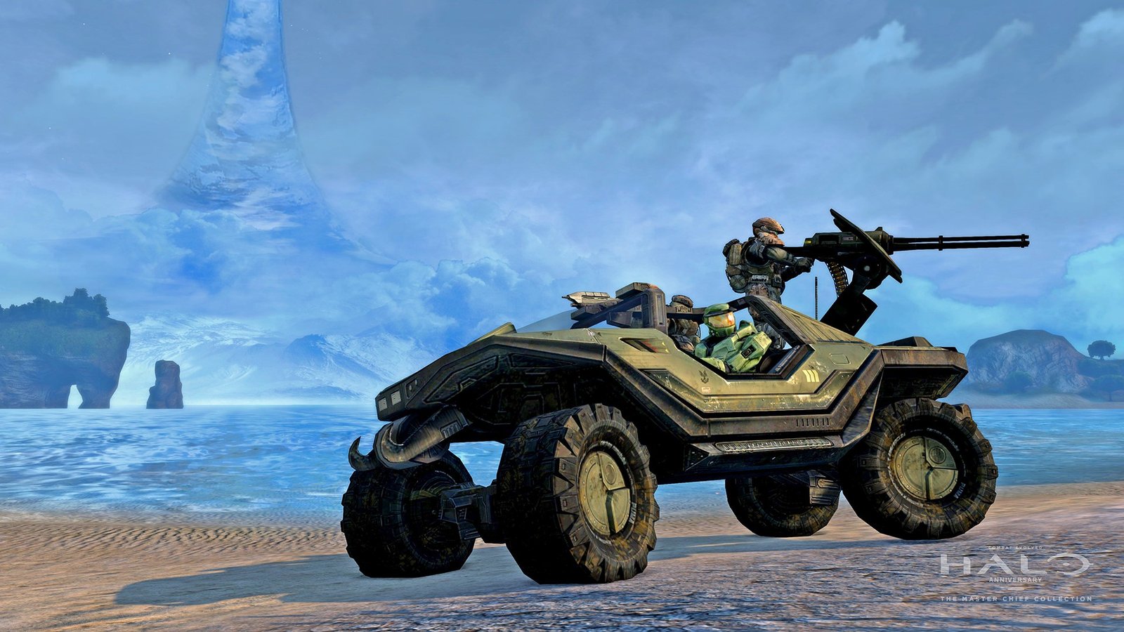 Master Chief driving a Warthog along a beach beneath the Halo ring, with marines aboard