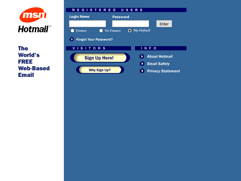 The MSN Hotmail sign-in page in 1998