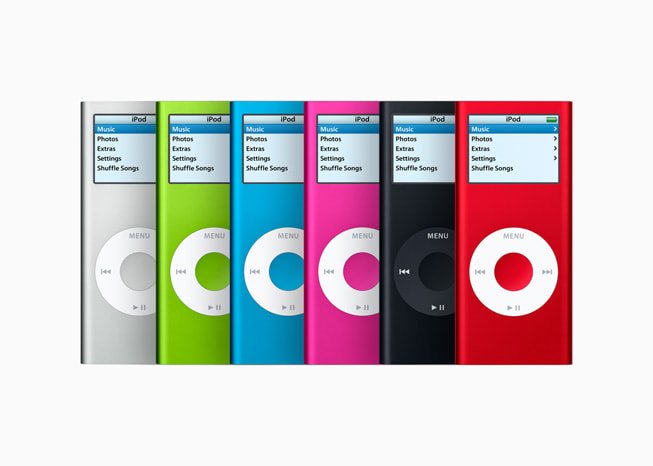 Six second-generation iPod nano players in silver, green, blue, pink, black and red