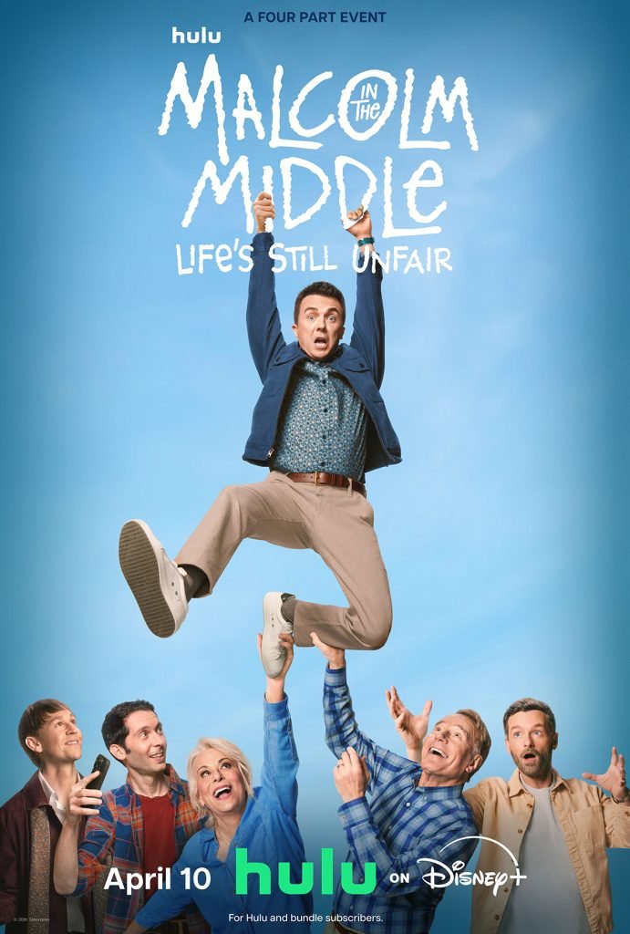 Frankie Muniz held above the reunited Malcolm in the Middle family in blue official revival artwork