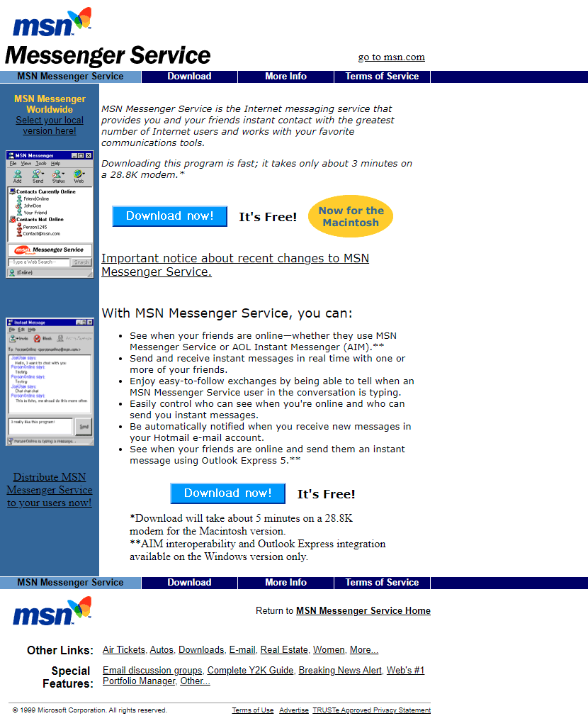 MSN Messenger’s 1999 website, with its original buddy list and chat windows