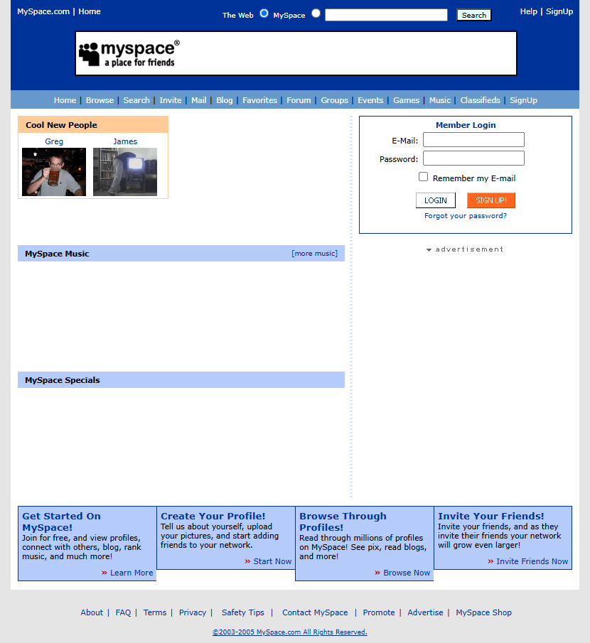 MySpace’s blue-and-white homepage in 2005