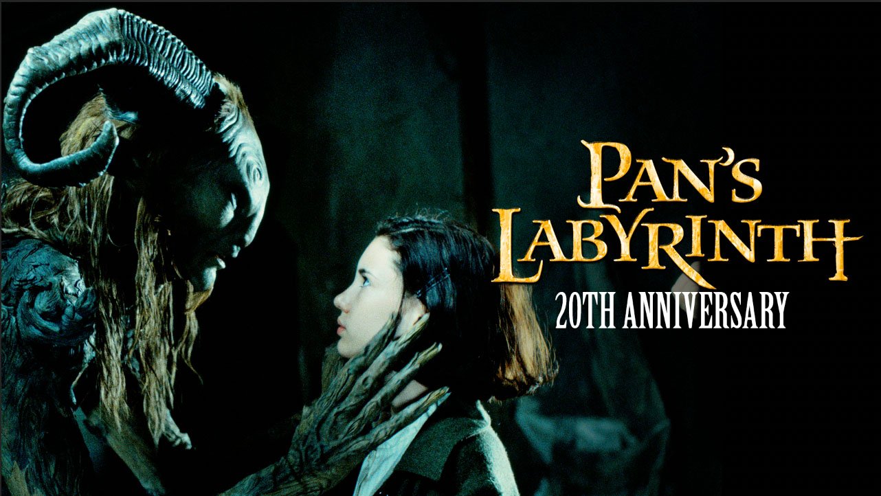 Ofelia facing the horned faun in official Pan’s Labyrinth twentieth-anniversary artwork