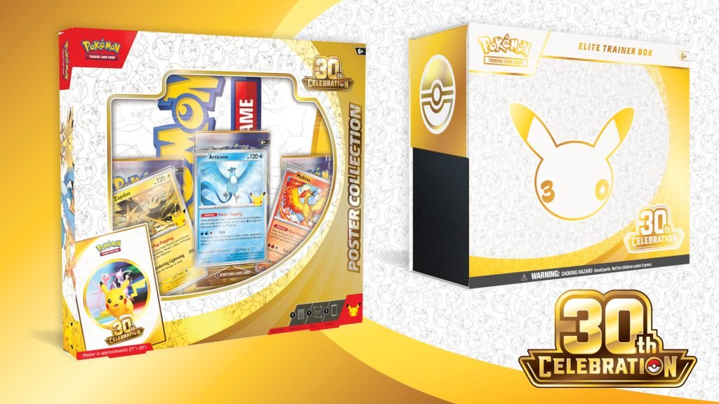 Official Pokémon TCG 30th Celebration product artwork showing anniversary card products