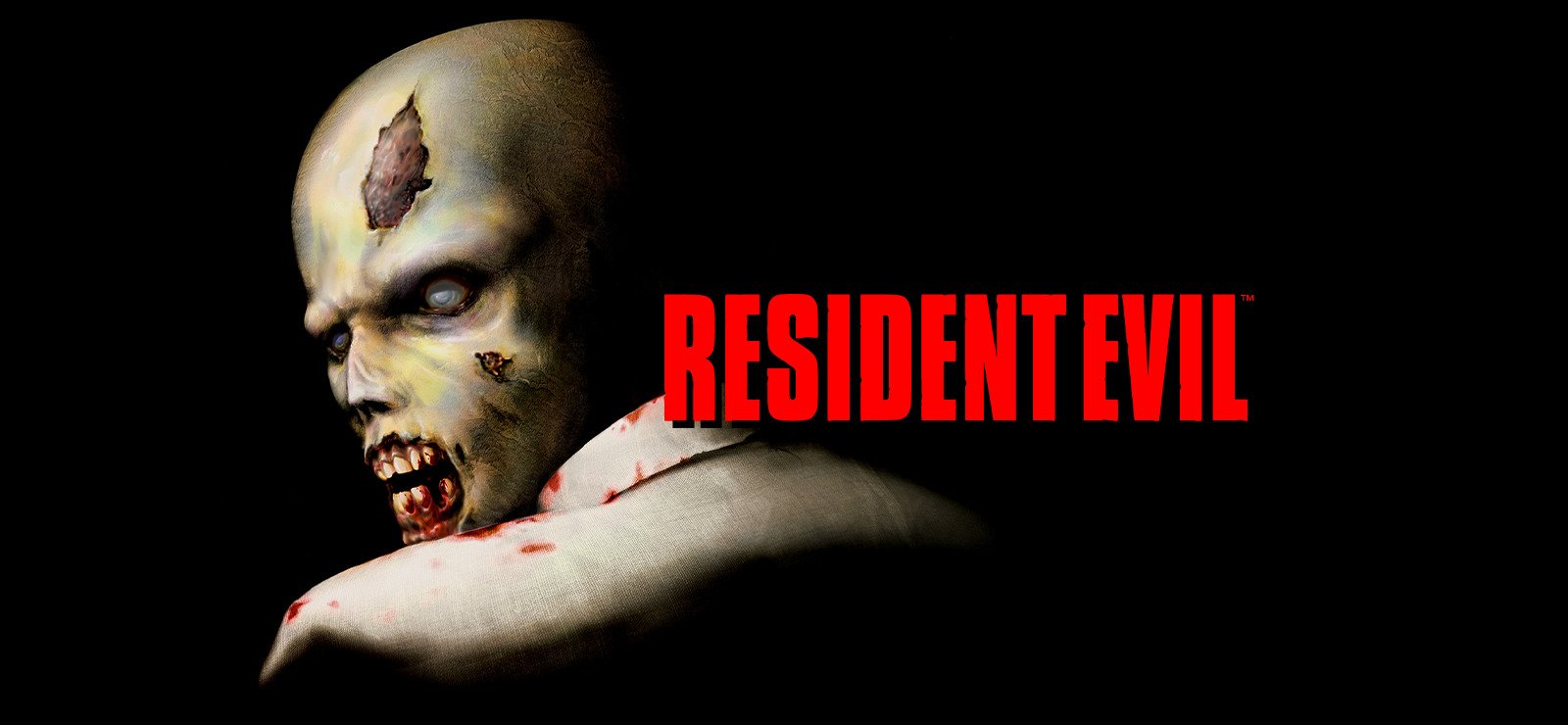 The original Resident Evil zombie looking back over its shoulder beside the red game logo