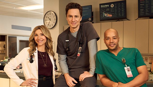 Sarah Chalke, Zach Braff and Donald Faison together in a hospital in official Scrubs revival artwork