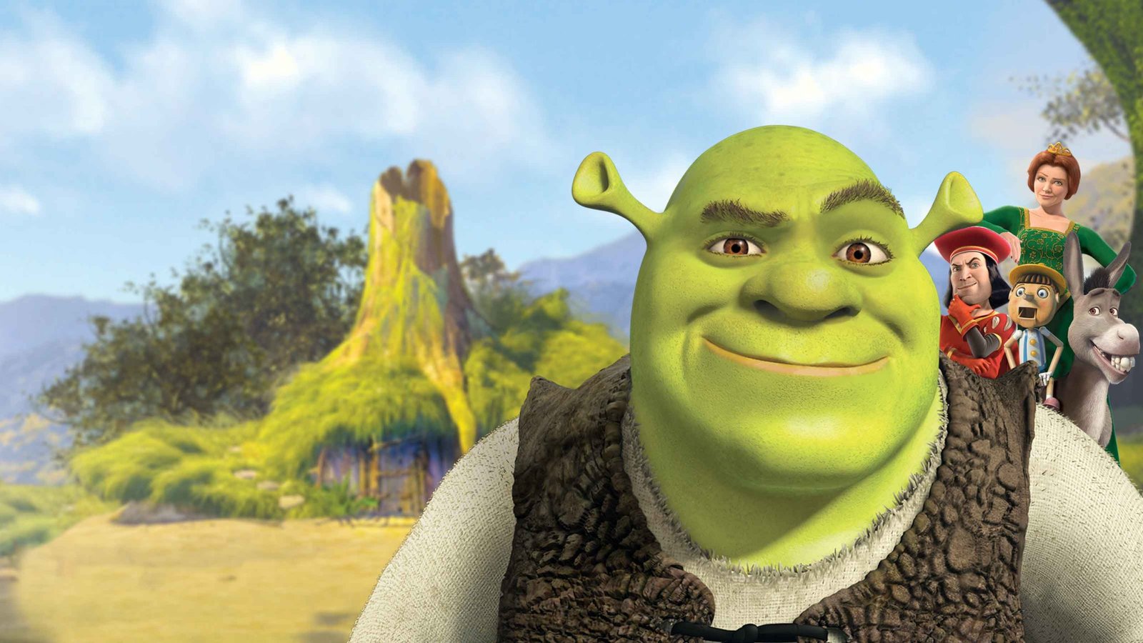 Shrek smiles in official promotional artwork with Fiona, Donkey, Lord Farquaad and Pinocchio behind him